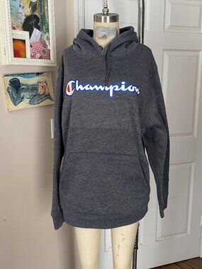 CHAMPION Grey LOGO front Graphic Oversize Hooded Hoodie SWEATSHIRT *MED* B211